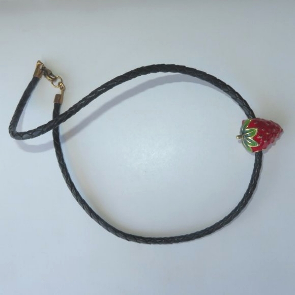 Cute Enamel Strawberry "Summer Delight" Necklace On Black Woven Leather Cord - Picture 7 of 8